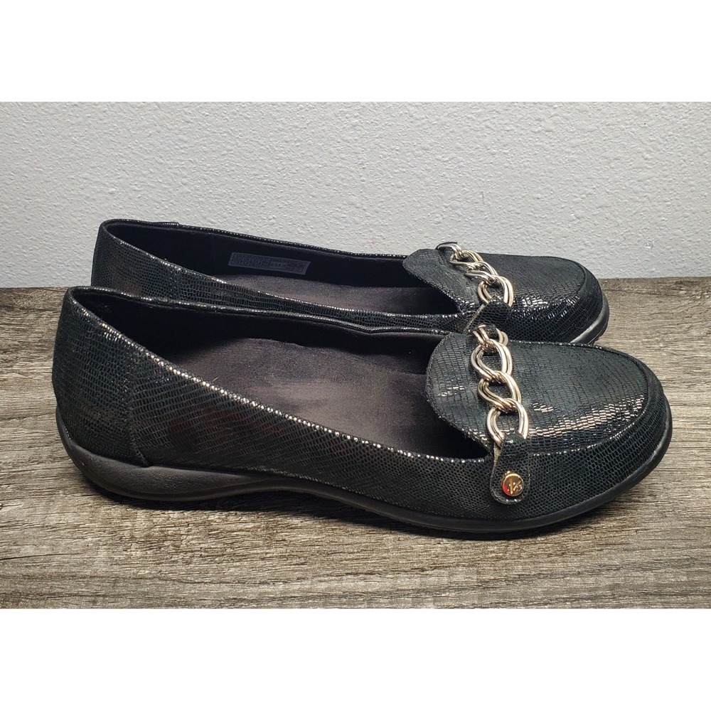Vionic Alda Loafers Womens 7.5 Black Lizard Print Chain Link Flats Shoes EUC